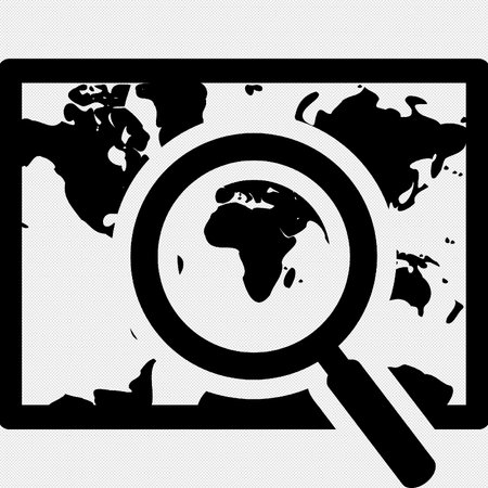 Magnifying glass with world map. Black and white vector illustration.のイラスト素材