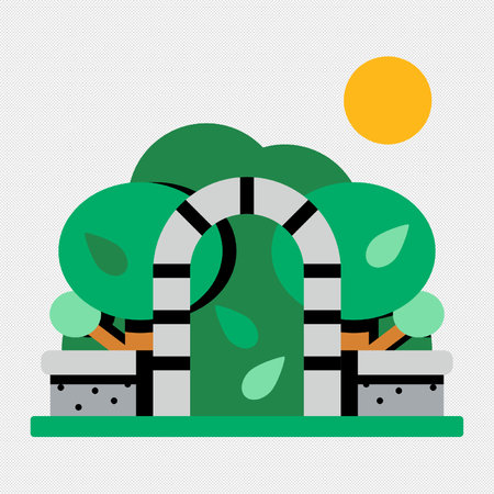 Green park with trees, bushes and sun. Flat style vector illustration.のイラスト素材