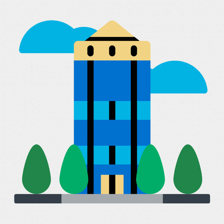 Building icon with trees and clouds on the background. Vector illustration.のイラスト素材
