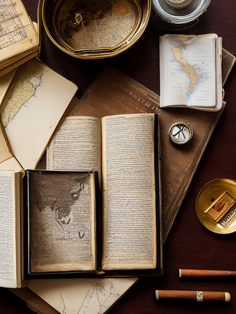 Vintage still life with old books, map and compass on wooden backgroundの素材