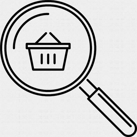 Shopping basket and magnifying glass vector icon. Black dotted line illustration.のイラスト素材