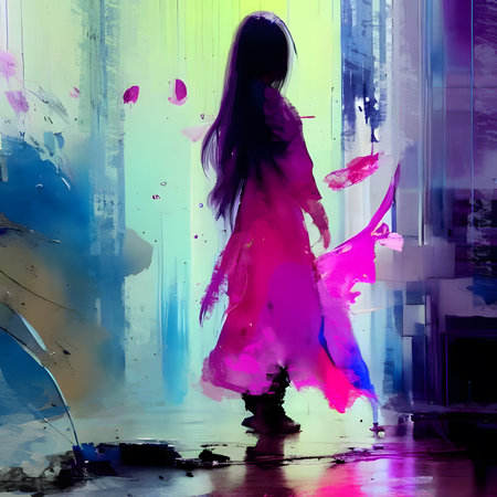 Dancing girl in the night club. Abstract color background. Digital painting.の素材