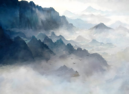 Foggy mountains landscape with birds flying in the sky, 3d renderingの素材