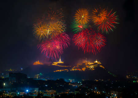 colourful firework city view night photoの写真素材