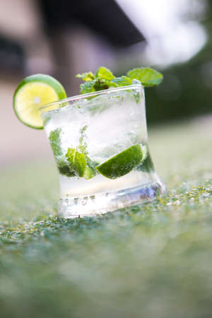 mojito cocktail lime juice with soda and water served in a glass decorated with sliced lime and mint leaves put on a green grassの写真素材