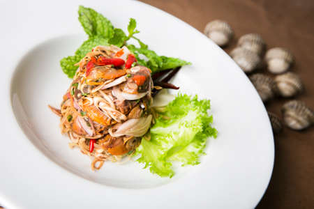 raw salmon papaya salad served with rice noodle and vegetablesの写真素材