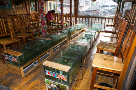 FengHuang, China Feb 21, 2014 : fish foot massage shop and spa with empty customer in traditional chinese buildingのeditorial素材