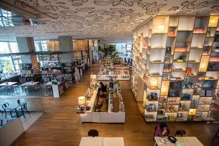 Bangkok, Thailand - August 7, 2020: modern and minimal interior design bookstore where is decorated...