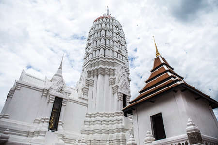 white traditional thai pagodas in Ayutthaya temple, ancient city of Thailandの写真素材