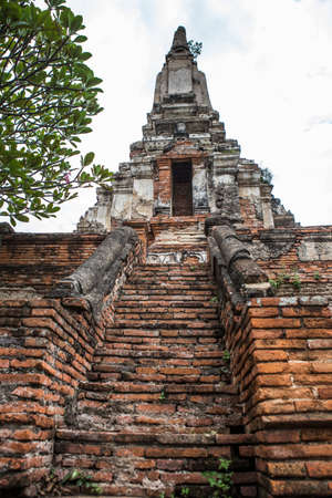 an old ancient pagoda of Ayutthaya thai temple which making by red brickの写真素材