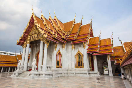 Bangkok, Thailand - 30 August 2020: traditional classic marble thai chapel shown beautiful triangular end of a roofのeditorial素材