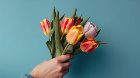 Tulips bouquet in woman's hand on a blue background  generative aiの素材