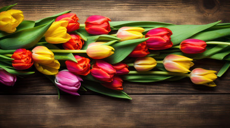 Bouquet of colorful tulips on wooden background. Toned. generative aiの素材