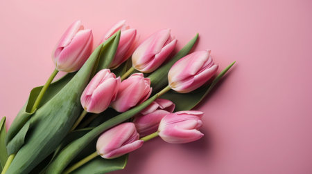 Bouquet of pink tulips on a pink background with copy space  generative aiの素材