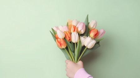 Female hand holding tulip bouquet on pastel green background. generative aiの素材