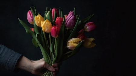 Bouquet of tulips in a woman's hand on a dark background. generative aiの素材