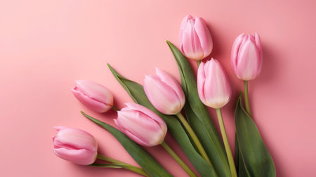 Bouquet of pink tulips on a pink background, top view  generative aiの素材