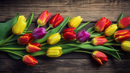 Colorful tulips on wooden background. Top view with copy space generative aiの素材