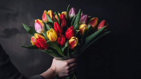 Bouquet of multicolored tulips in the hands of a girl  generative aiの素材