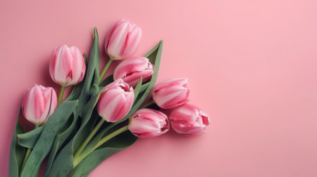 Bouquet of pink tulips on pink background with copy space generative aiの素材
