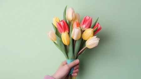 Bouquet of colorful tulips in woman hand on green background generative aiの素材