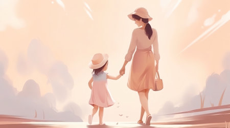 Mother and daughter walking on the street. This is a 3d render illustration generative aiの素材