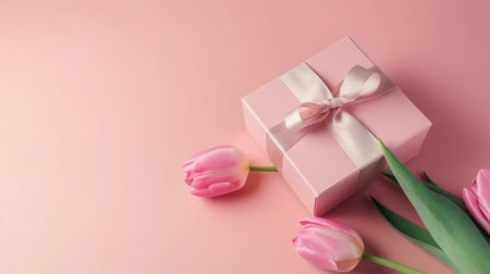 Gift box with pink tulips on pink background, copy space generative aiの素材