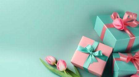Gift boxes with pink ribbons and tulips on blue background generative aiの素材