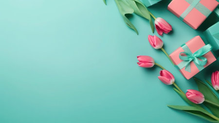Gift boxes with pink tulips on blue background. Flat lay, top view generative aiの素材