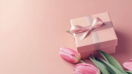 Gift box with pink tulips on pastel pink background. generative aiの素材