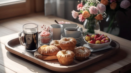 Breakfast with coffee, croissants and fresh berries on a wooden tray generative aiの素材