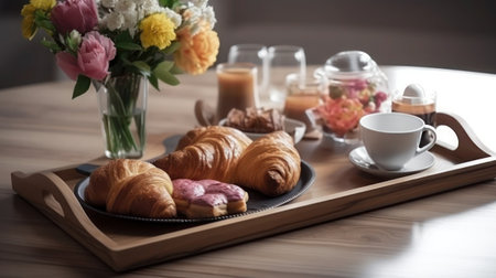 Breakfast served with coffee and croissants on wooden tray. generative aiの素材