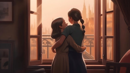 Back view of mother and daughter standing near the window in the evening generative aiの素材