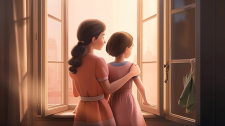 Back view of mother and daughter standing near the window at home generative aiの素材