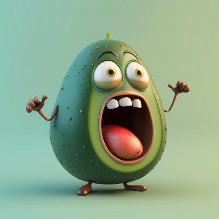 Cartoon avocado character with arms wide open on green background. 3d illustration, generative aiの素材