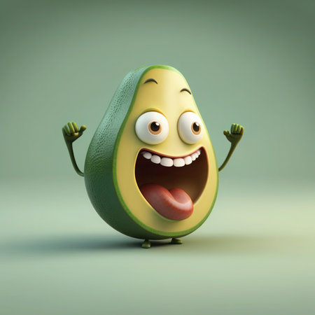 Funny Avocado character on green background. 3d illustration, generative aiの素材