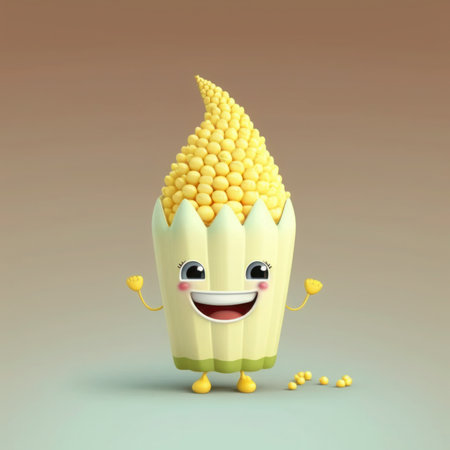 Cute cartoon corn character with happy expression. 3d render illustration, generative aiの素材