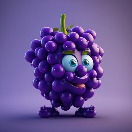 Funny purple grapes character on purple background. 3D Rendering, generative aiの素材
