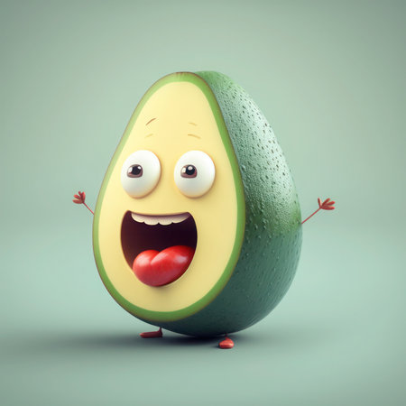 Happy avocado character with tongue out on a gray background. 3d rendering, generative aiの素材