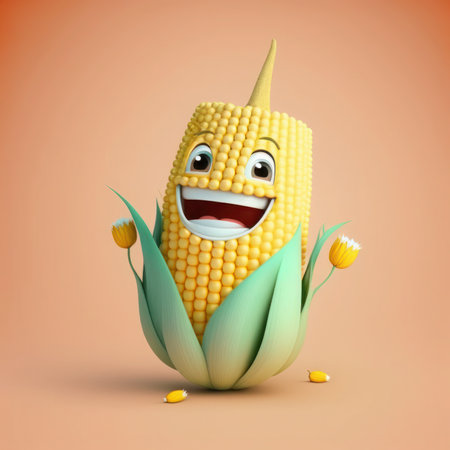 Cartoon corn character with flowers on the head. 3d illustration, generative aiの素材