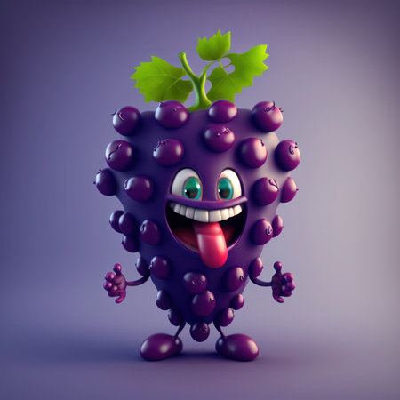 Funny cartoon grape character with green leaf, 3d vector illustration, generative aiの素材