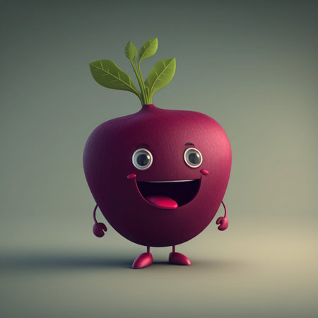 Happy red beet character with green leaves and funny face, 3d render, generative aiの素材