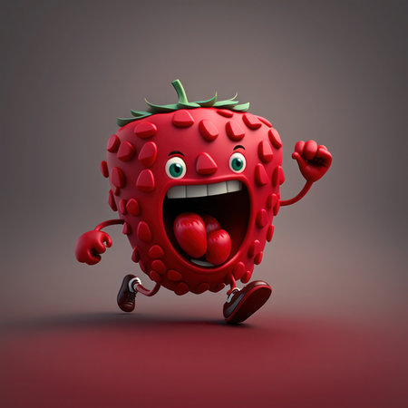 Cartoon strawberry character running and jumping on dark background 3D rendering, generative aiの素材
