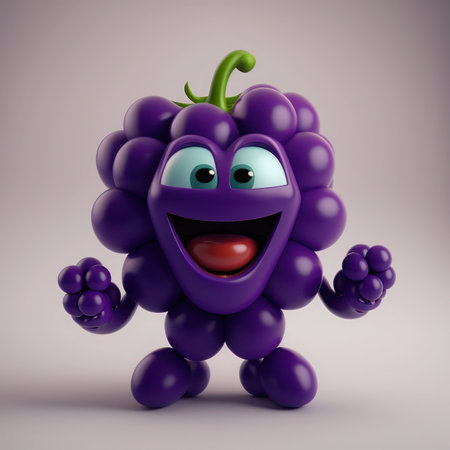 Funny purple grape character with eyes and mouth, 3d illustration, generative aiの素材