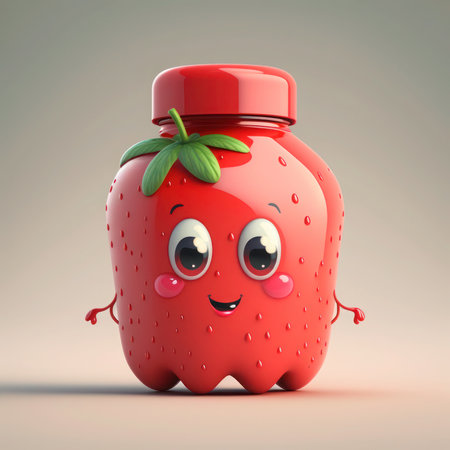 Cartoon strawberry character isolated on grey background. 3d rendering, generative aiの素材