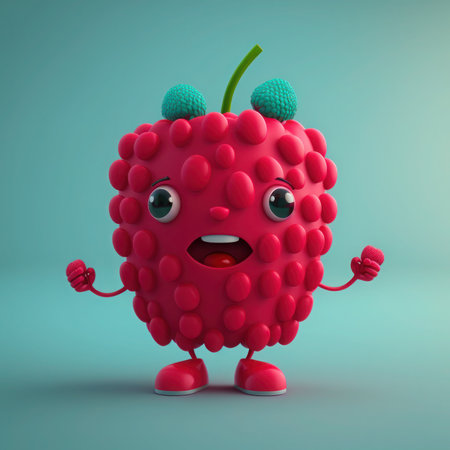 Funny raspberry character with arms and legs on blue background. 3d illustration, generative aiの素材