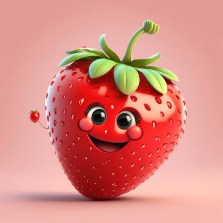 Cartoon strawberry character with smiley face, 3d render illustration, generative aiの素材