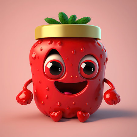Cartoon strawberry character with a gift box. 3D illustration, generative aiの素材