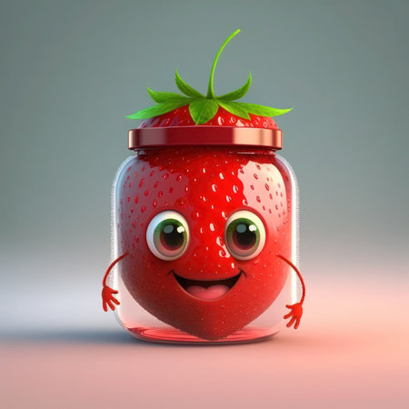 Cartoon strawberry in a jar with smiley face - 3d rendering, generative aiの素材
