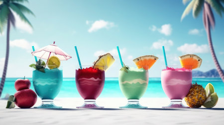 Cocktails with fruits on the beach. 3d rendering, generative ai.の素材